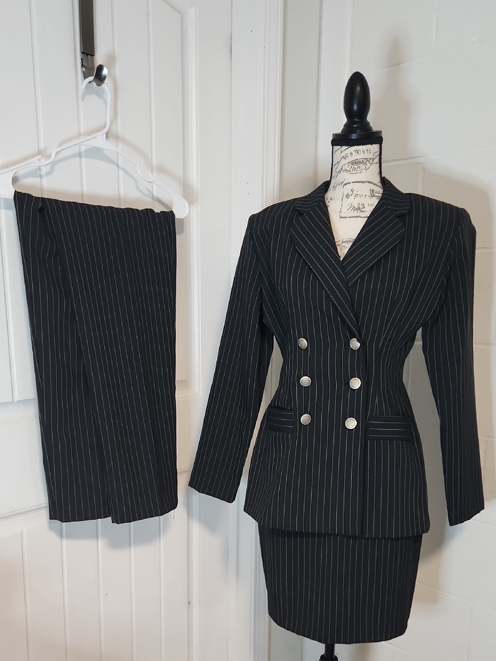 Vintage 3 Pc Women's Double-Breasted Suit Pinstriped Black Skirt & Pants EUC